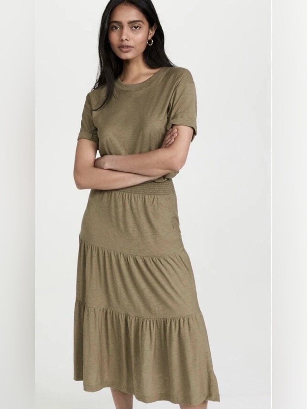Nation LTD Sz M Martine Khaki Cotton Tiered Midi Casual Dress